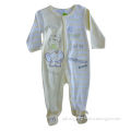 100% Cotton Plain and Yarn Dyed Stripe Interlock Baby Romper with Print and Embroidery on the Front